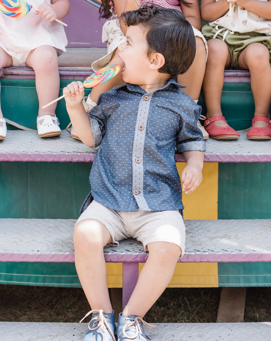 Aspen Top, River Shorts, and Oxford shoes. Background includes Garden Top, Pebble Bloomers, Cascade Bloomers, T-Strap shoes, Mary Jane shoes, and Classic Boots